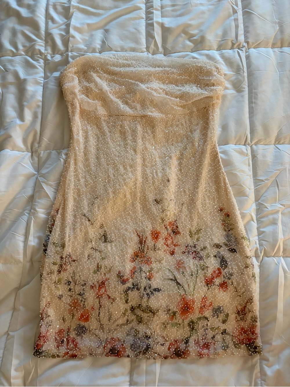 Strapless Floral Embellished Mini Dress - Nude